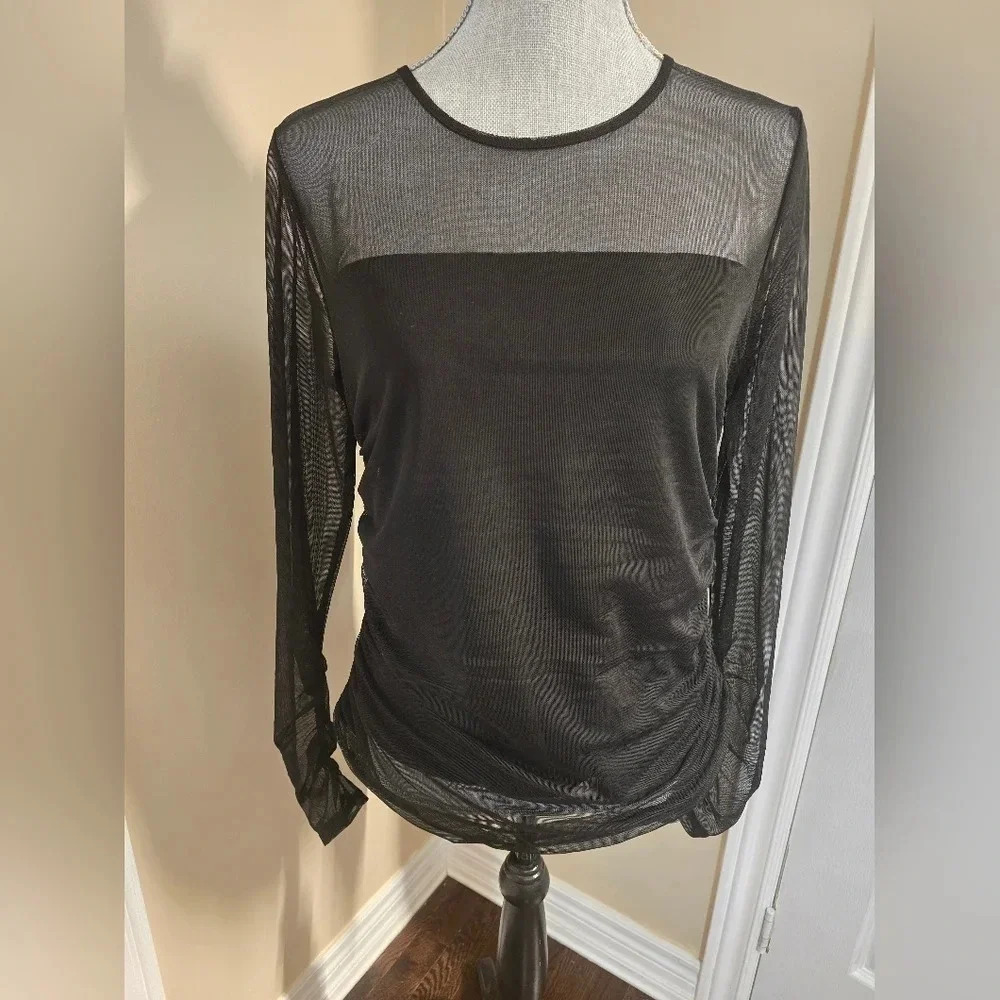 DKNY Mesh Sheer Top Gathered Long Sleeve Lined Ruched Black size L